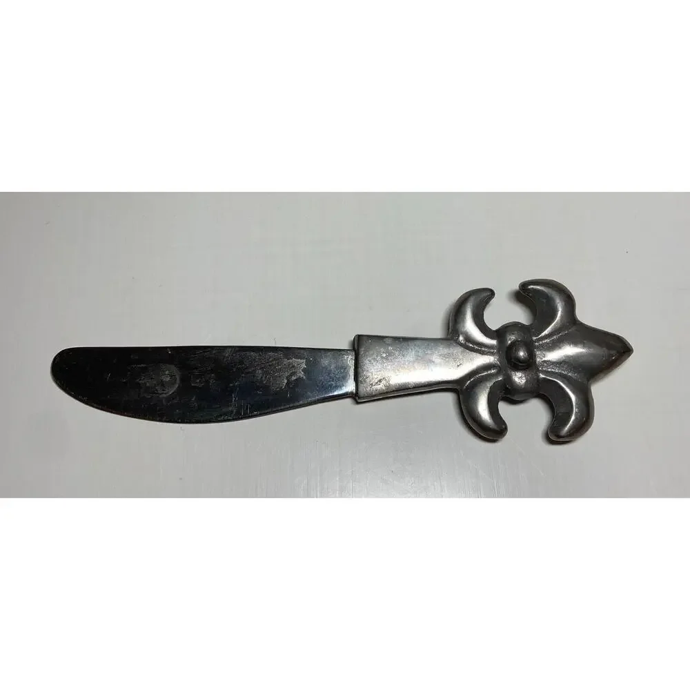 Vintage Pewter Fleur-De-Lis Cheese Dip Bowl & Spreader Knife Set